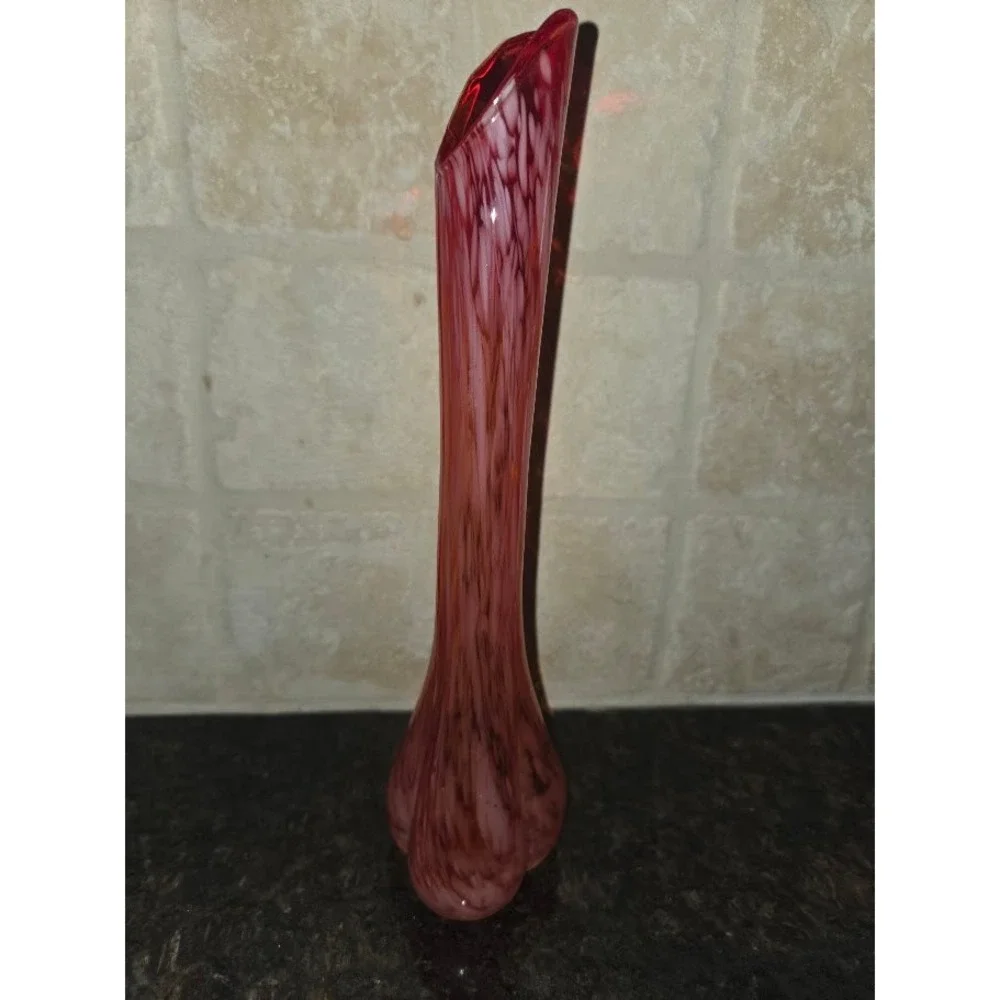 Vintage Red and White Slag Glass Bud Vase Swirl End of Day Art Glass 10 Inch